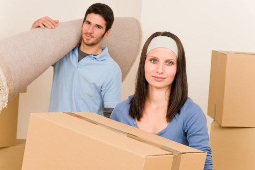 Moving equipment and packed boxes in a Balham residential block